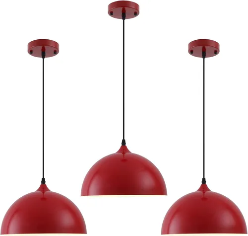 Lámparas colgantes industriales, lámpara colgante de cúpula roja de 11.8 pulgadas sobre isla de cocina, paquete de 3, lámpara colgante de techo Rojo