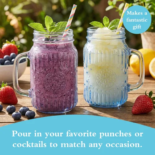 Miniatura 3 de SUT Mason Jar - Vasos para beber con asa, paquete de 6, 16 onzas, tazas de tarro azul en relieve vintage para café helado, jugo, té y cerveza