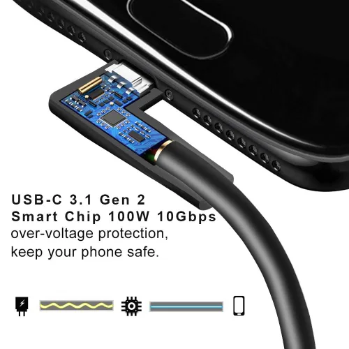 Miniatura 3 de QCEs Cable USB C a USB C 3.1 Gen 2 de 6.6 pies, cable tipo C de ángulo recto con pantalla de video 4K, transferencia de datos de 10 Gbps, carga PD