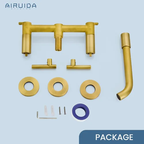Miniatura 7 de Airuida Grifo de baño montado en la pared de latón antiguo de 3 agujeros, doble manija con boquilla giratoria 360, grifo mezclador de lavabo