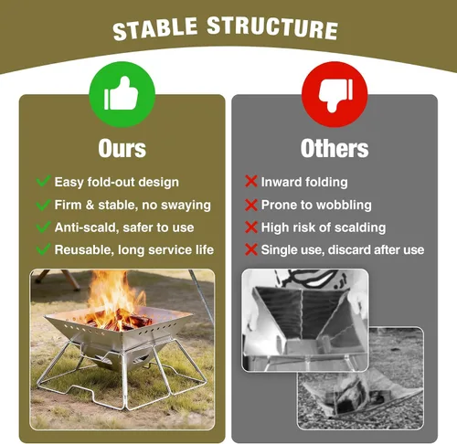 Miniatura 3 de Fogata portátil con parrilla para campamento, hoguera plegable de alta resistencia con parrilla de fogata y bolsa de transporte para exteriores