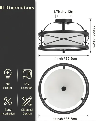 Miniatura 4 de Accesorios de luz de tambor para entrada, lámpara de techo rústica de montaje semiempotrado para pasillo, sala de estar, dormitorio, cocina (negro)