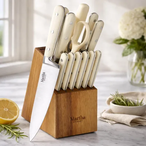 Miniatura 2 de MARTHA STEWART Eastwalk Juego de 14 cuchillos de cocina de acero inoxidable de alto carbono con mango forjado triple remachado ABS bloque de madera