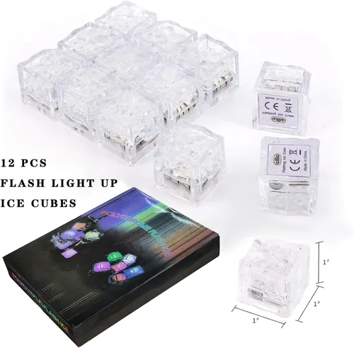 Miniatura 6 de ENUOLI Cubos de hielo iluminados para bebidas, 12 PCS Cubos de hielo de acrílico LED impermeables intermitentes multicolor brillantes reutilizables