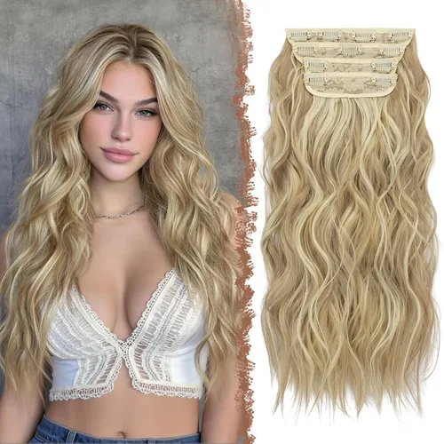 Miniatura 28 de FESHFEN Extensiones de cabello con clip - 4 piezas Extensiones de cabello sintético ondulado largo y grueso con clip para cabeza completa
