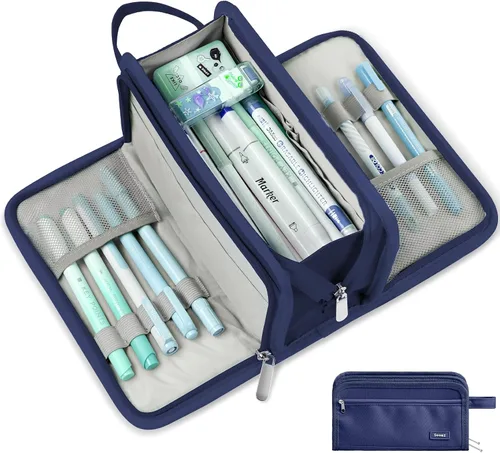 Miniatura 12 de Sooez Estuche grande para lápices, bolsa para lápices de gran capacidad con 3 compartimentos, organizador portátil de artículos de papelería de lona