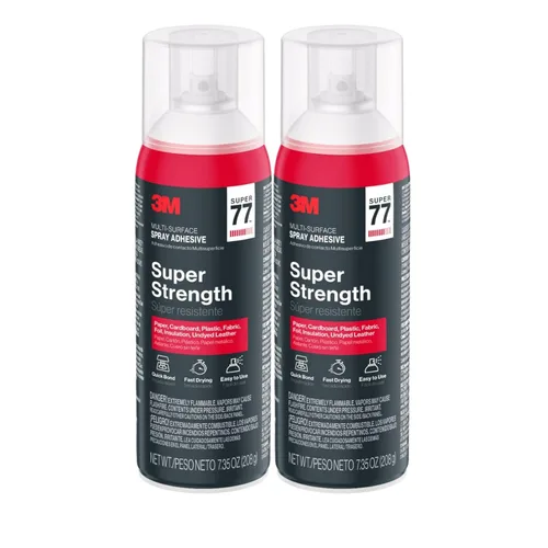 3M Super 77 - Adhesivo en aerosol multiusos, latas de 7.35 onzas, paquete de 2 – Pegamento en aerosol de alta resistencia para espuma, tela,