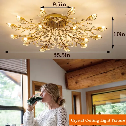 Miniatura 6 de Lámpara de techo de cristal, lámpara de flores, luces de techo semiempotradas de hojas doradas, accesorios de iluminación de cocina para dormitorio