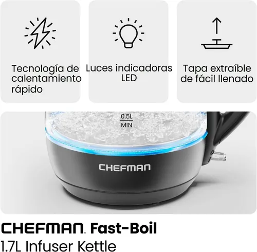 Miniatura 3 de Chefman Hervidor eléctrico con infusor de té, 1.7L 1500W, tapa extraíble para una fácil limpieza, protección contra hervir en seco, filtro de acero