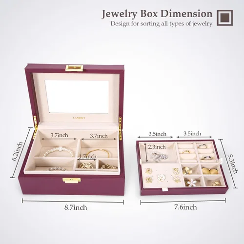 Miniatura 6 de LANDICI Joyero organizador para mujeres y adolescentes estuche grande de almacenamiento de joyas con espejo y bandeja extraíble de 2 capas soporte