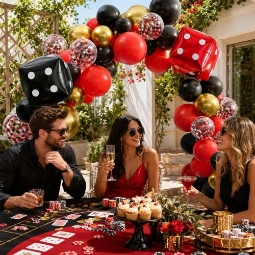 Miniatura 8 de Globos de Casino, Globos Metálicos Negros Rojos Dorados de 12 Pulgadas con Confeti y Dados de Lámina para Decoración de Fiesta Temática de Juego