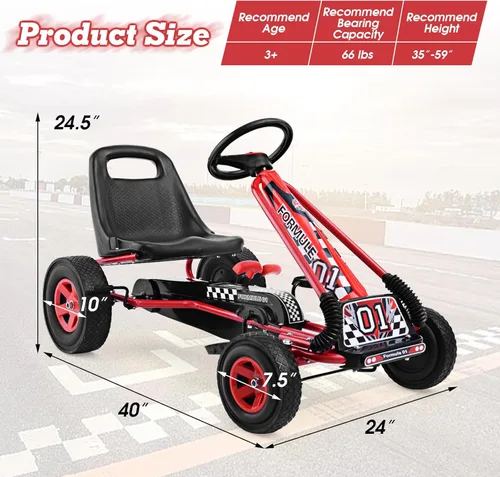 Miniatura 7 de HONEY JOY Go Kart para niños, 4 ruedas con pedal todoterreno cuádruple a pie con volantes y asiento ajustable, 2 frenos de seguridad, neumáticos Rojo