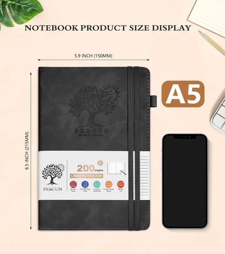 Miniatura 2 de PERCUN Cuaderno rayado para hombres y mujeres, 200 páginas A5 de cuero de tapa dura (5.9 x 8.5 pulgadas), diario de viaje para el trabajo, escuela
