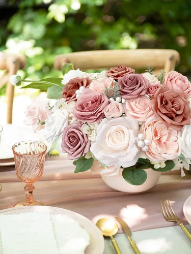 Miniatura 39 de FACINOC Ramos de Rosas Artificiales Naranjas, Juego de Caja de Flores Artificiales con Tallos para DIY, Bodas, Despedidas de Soltera, Decoraciones
