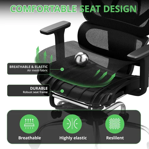 Miniatura 8 de Synorla Silla de oficina ergonómica con reposapiés, silla de escritorio de malla con reclinación de 135°, soporte lumbar ajustable, reposabrazos