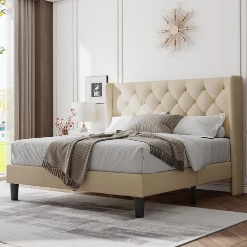 Feonase Armazón de cama tamaño completo con cabecera tapizada tipo wingback, cama plataforma con soporte de listones de madera resistente, fácil