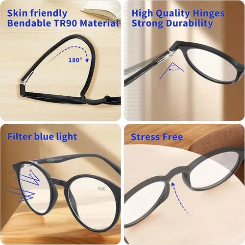 Miniatura 5 de BLUEMOKY Gafas de lectura para hombres y mujeres: Gafas clásicas redondas con filtro de luz azul - Gafas de lectura para computadora C01 Negro