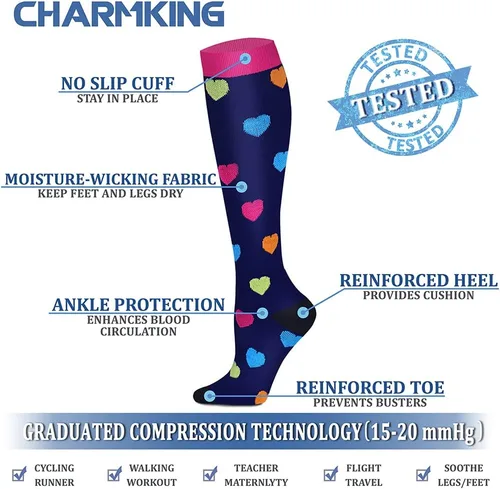 Miniatura 4 de CHARMKING Calcetines de compresión para mujeres y hombres para circulación (8 pares) 15-20 mmHg, mejor soporte para ciclismo atlético