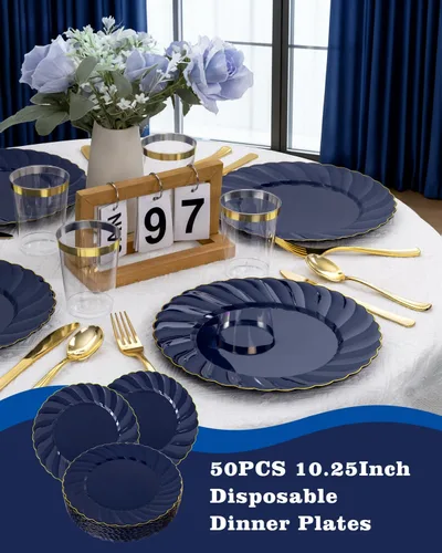 Miniatura 4 de YOUBET Paquete de 50 Platos de Plástico Azul Festoneados - Platos Desechables Azul Marino de 10.25 Pulgadas con Borde Dorado - Plato de Cena Vintage