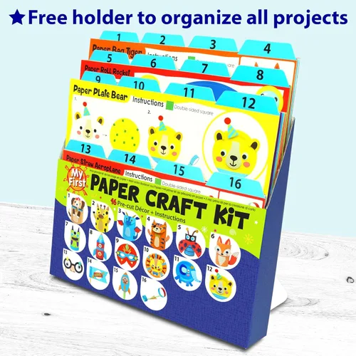 Miniatura 3 de KRAFUN Mi Primer Kit de Manualidades de Papel de Animales Safari, 16 Animales de Zoológico de Artes y Manualidades DIY, Caja de Suministros
