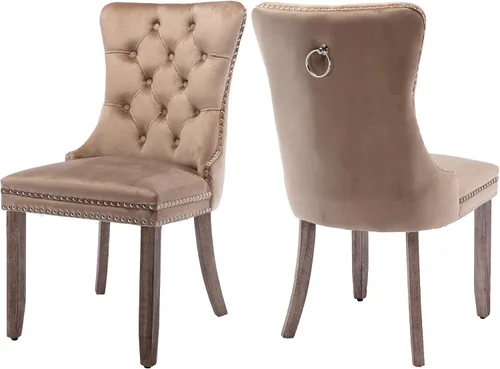 Miniatura 46 de Juego de 4 sillas de comedor de terciopelo, sillas de comedor tapizadas con ribete de cabeza de clavo, patas de madera, anillo de tracción, sillas