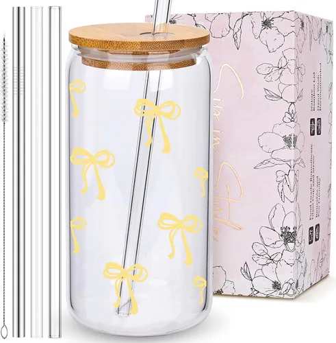 Miniatura 11 de BIPEDS Coquette Tazas de vidrio lindas con moño rosa y tapas y pajitas, taza de café helado estética, taza de diseño preppy femenino, regalos