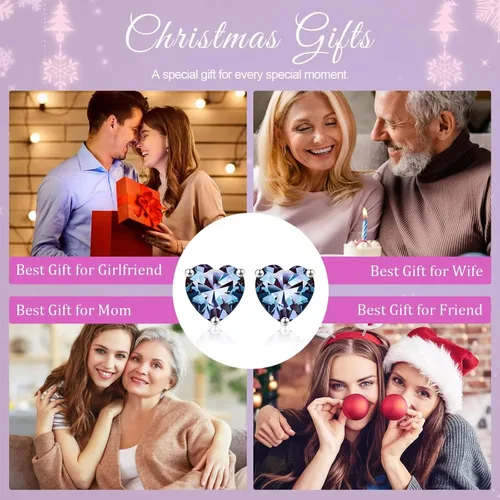 Miniatura 7 de Aretes de plata de ley 925 con piedra natal de corazón para mujer, aretes de tuerca con piedra natal de corazón para mujeres, adolescentes, niñas