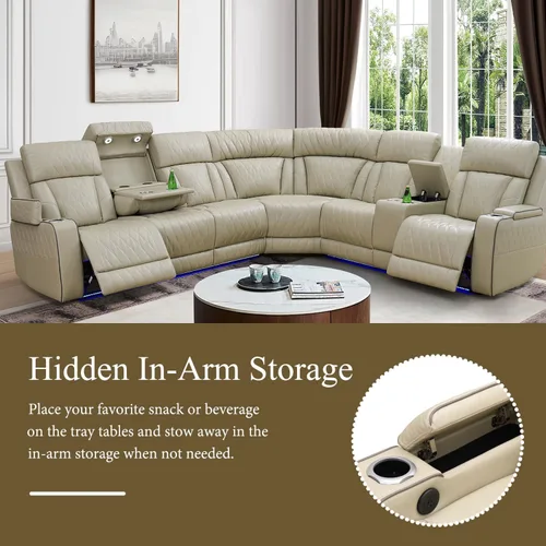 Miniatura 4 de Breathing Leather Sectional Sofa with Dual Power Recliner, 6 Seater L Shaped Reclining Couch for Living Room, Sectional Couch with Reading Lamp/USB