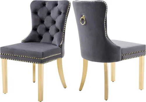 Miniatura 13 de Juego de 2 Sillas de Comedor, Sillas de Terciopelo Acolchado con Patas Modernas de Acero Inoxidable, Ribete de Remaches con Anilla Metálica