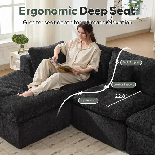 Miniatura 6 de STHOUYN Sofás Seccionales Modernos Negros de 114" sin Estructura para Sala de Estar, Sofá Nube Modular Negro en Forma de L con Otomana, Cómodo Sofá