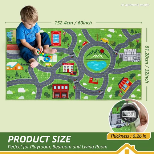 Miniatura 3 de BEQHAUSE Alfombra de juego para niños, alfombra de tráfico de ciudad verde, ideal para jugar con autos, alfombra de área de juegos de 32 x 60