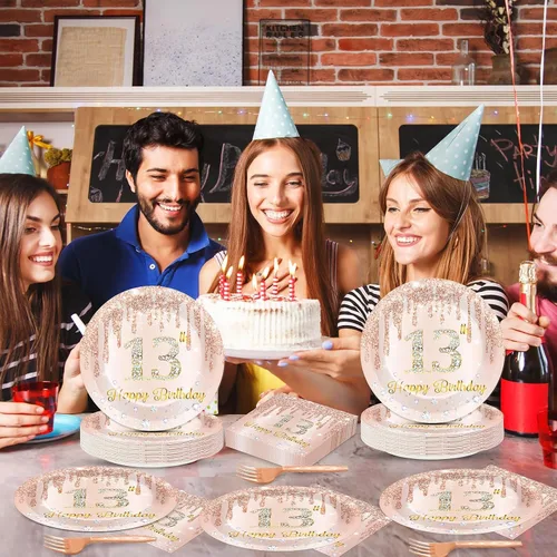 Miniatura 5 de 200 piezas de platos, servilletas y cubiertos de Rose Gold para fiesta de cumpleaños número 13, juego de vajilla rosa para la feliz decoración