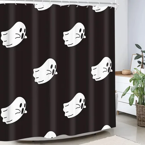 Miniatura 5 de Cortina de ducha decorativa, divertidos iconos de fantasmas blancos, lindo patrón espeluznante de Halloween, juego de cortina de ducha de poliéster 1