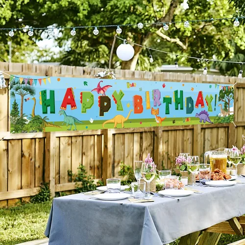 Miniatura 7 de Kimini-Ki Cartel grande de dinosaurio de feliz cumpleaños, decoración de fiesta de cumpleaños de dinosaurio en acuarela para niños y niñas