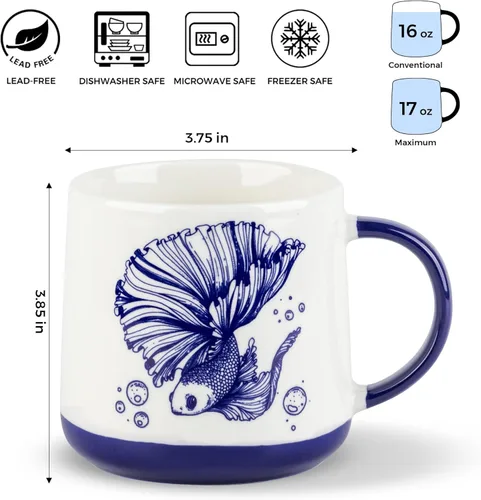 Miniatura 3 de AmorArc Juego de 4 tazas de café grandes de cerámica de 16 onzas con patrones de vida marina para té, café con leche y cacao. Fácil de sostener