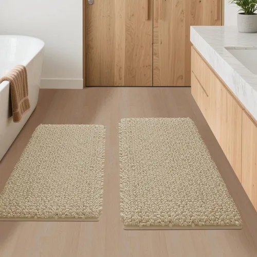 ACCUMTEK - Juego de 2 alfombras de baño de lujo en color beige de 32"x20"+24"x17", alfombras de baño ultra suaves y gruesas absorbentes, alfombra de
