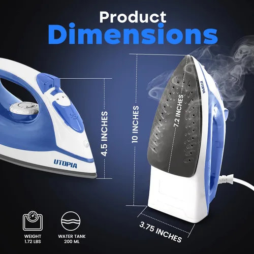 Miniatura 2 de Utopia Home Plancha de vapor para ropa con suela antiadherente, plancha de ropa de 1200 W con control de termostato ajustable, protección