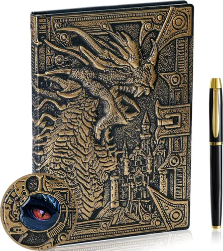 Cuaderno de escritura de diario de dragón en relieve 3D con juego de bolígrafos, diario DND de tapa dura hecho a mano, bloc de notas diario para