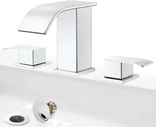 Miniatura 10 de Grifo de baño de cascada de oro cepillado de 8 pulgadas, grifos de baño para fregadero de 3 agujeros, grifo de lavabo de baño generalizado 2 asas