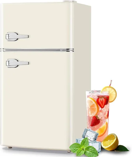 Mini refrigerador con congelador, frigorífico pequeño, doble puerta, soporte para bebidas laterales, estantes de vidrio ajustables, cajón de Blanco