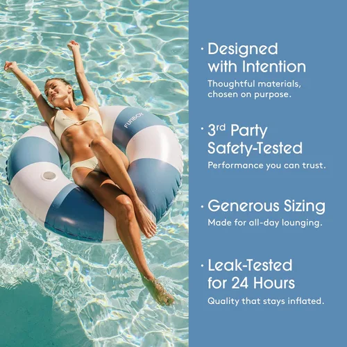 Miniatura 4 de FUNBOY Flotador inflable gigante de rayas azules con soporte para tazas, tubo interior de 48 pulgadas para adultos, tumbona de piscina