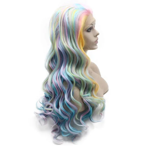 Miniatura 5 de Mxangel - Peluca de cabello sintético largo ondulado azul cielo amarillo colorido encaje frontal fibra resistente al calor Cosplay