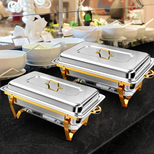 Miniatura 7 de Juego de 2 Platos de Roce de 8 Qt para Buffet, Juego de Chafer para Catering de Acero Inoxidable de Tamaño Completo Dorado, Rectangular