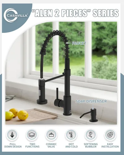 Miniatura 2 de Grifo de cocina negro, grifo de cocina con dispensador de jabón, grifo para fregadero de cocina, grifos de fregadero de cocina de acero inoxidable