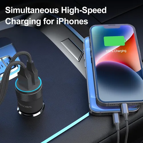 Miniatura 3 de [Certificado Apple MFi] Cargador rápido para automóvil, adaptador de corriente de carga rápida USB 4.8A dual con 2 cables Lightning Carplay de 3