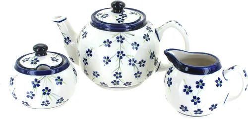 Miniatura 3 de Juego de té pequeño de tres piezas de pavo real de cerámica polaca de rosa azul