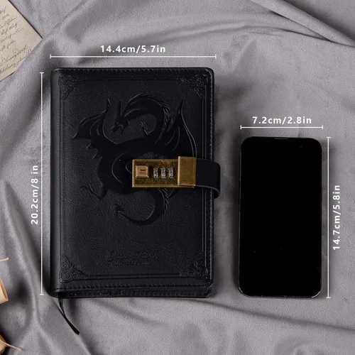 Miniatura 2 de TIEFOSSI Diario de Cuero Dragón, Cuaderno de Tapa Dura, Diario Recargable con Cerradura, Cuadernos de Escritura con Papel Rayado/En Blanco