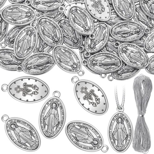 Ferreve 48 piezas de colgante de medalla de Virgen María de 1 pulgada, collar ovalado de plata con colgante de Virgen María, medallas religiosas,