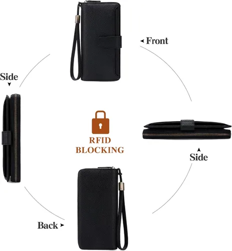Miniatura 6 de GOIACII Cartera para mujer de gran capacidad con bloqueo RFID para mujer, tarjetero de embrague para teléfono, cartera larga de viaje, A03 negro