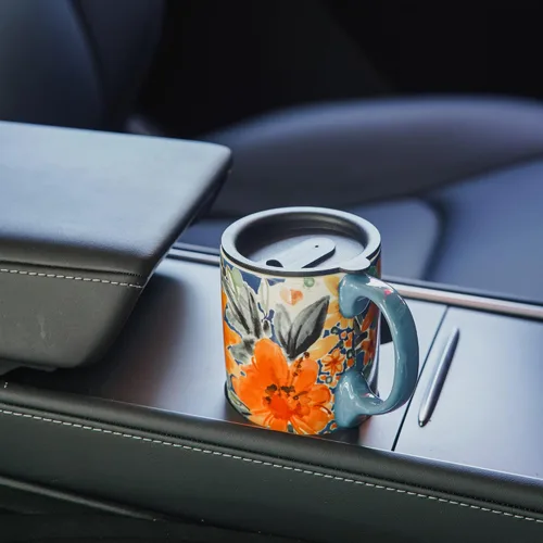 Miniatura 9 de Topadorn Taza de café de cerámica de 17 onzas con tapa y caja de regalo, taza de té de porcelana geométrica floral naranja acuarela, apta